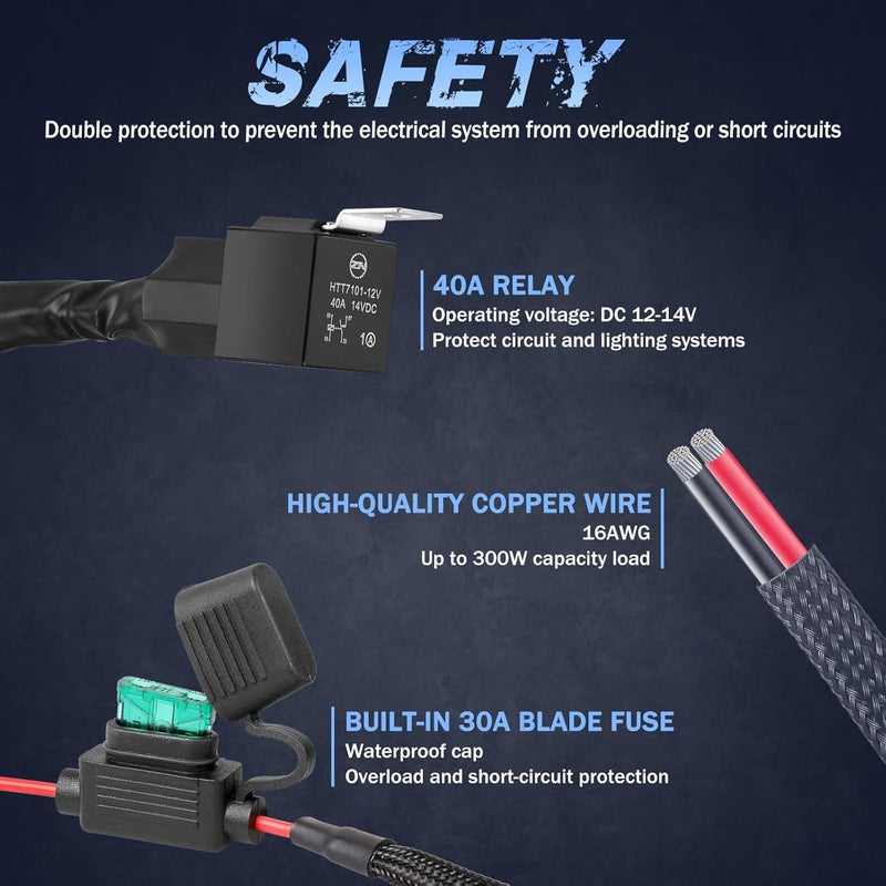 Fastchoy Auto مجموعة أسلاك توصيل 2 رصاص، مجموعة أسلاك شريط LED نايلون 12 فولت للأضواء الضبابية، أضواء LED، شريط ضوء مع 40A ريلاي فيوز ومفتاح روكر، مجموعة أسلاك السيارات للشاحنات UTV ATV - Image 3
